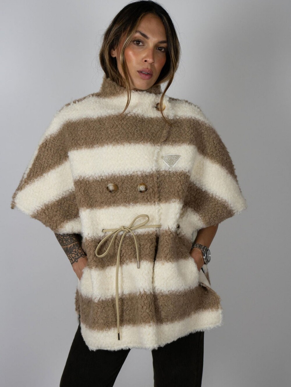 Angel Wings By Lucy NWT Manor Cape Beige Stripe Size S/M Textured Cinched Waist